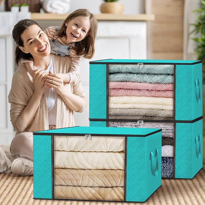 Fab totes Storage Bags, Clothes Blanket Storage Bins Foldable Closet Organizers with Reinforced Handle for Home Dorm Storage and Organization, Fabric Bags for Organizing Sheets, Clothing (Green, 10 Pack)