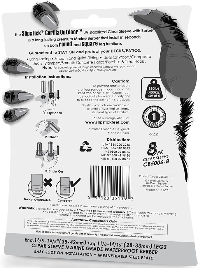 Slipstick GorillaOutdoor Berber Furniture Feet Pads with Clear Sleeve Sock (8 Pack) Outdoor Furniture Sliders for Round & Square Legs, Large