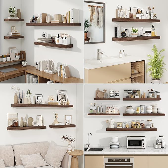 fuqing Floating Shelves for Wall, Wall Mounted Wood Floating Shelf with Invisible Brackets for Living Room, Bathroom, Bedroom, Kitchen Storage and Decor, 48 Inch Set of 2, Walnut