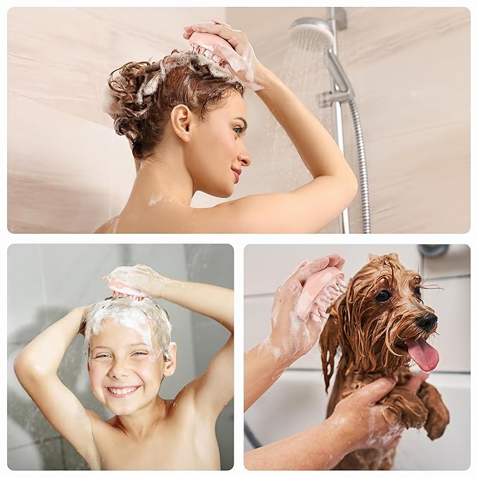 HEETA Scalp Scrubber Shampoo Brush, Scalp Massager Tool for Hair Growth, Soft Silicone Bristles for Dandruff Removal Wet Dry Use Women Men Kids Pet, Fit All Hair Types Care, Pink