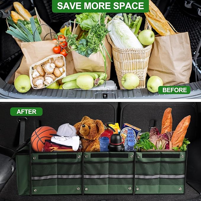 Snuopfy Car Trunk Organizer, 115L Heavy Duty Collapsible Trunk Storage, with Insulated Leakproof Cooler Bag Vehicle Cargo Organizer with Lid, 3 Compartments, Straps For Car, SUV, Jeep, Sedan - Green