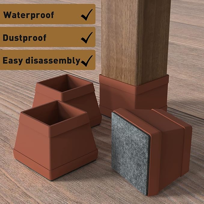 16 Pcs Square Chair Leg Protectors for Hardwood Floors, Silicone Felt Furniture Pads Non-Slip, Free Moving Table Leg Covers, Chair Protectors for Wooden Floors. Brown