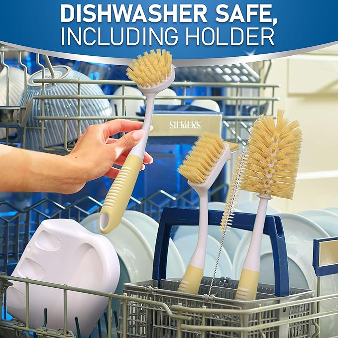 Dish Brush Set of 5 with Holder - Kitchen Scrub Brushes with Non-Slip Long Handle for Cleaning, Scrubber, Dishwashing, Dishes, Bottles, Straws, Cups, Pots & Sink, Beige