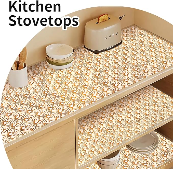 Shelf and Drawer Liner for Kitchen Cabinet,Non-Adhesive Waterproof Oil-Proof Easy Clean Shelf Liner for Dresser & Bathroom Vanities with Adhesive Dots & Cutting Tool(12 in X 30 Ft Gold Fish Scale)
