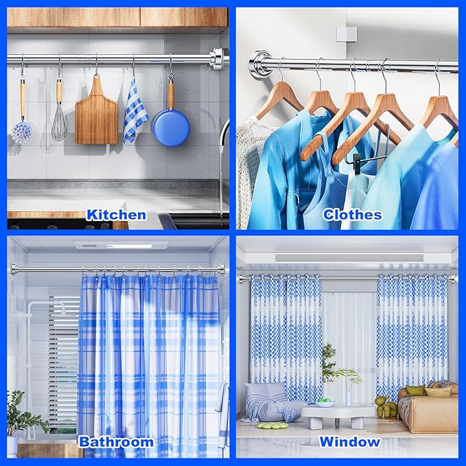Ausemku Shower Curtain Rod - 32-104 Inch Rustproof Tension Rod, Non-Slip Spring Design, No Drilling Adjustable Curtain Rod for Bathroom, Kitchen, and Closet(Silver)