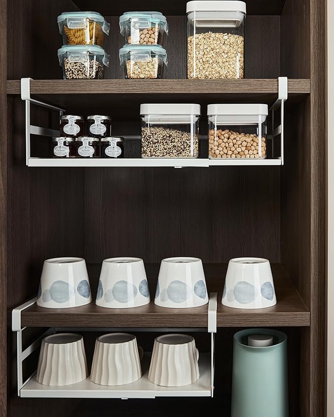 Selosiz 2Pack Under Shelf Storage Basket Organizer Expandable Width Add-On Space Saver Hanging Under Cabinet Pantry Kitchen Countertop Desktop Board Slide-in White Heavy-Duty Metal Higher Size