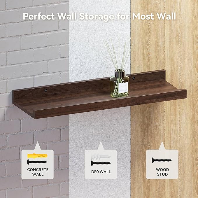 Floating Shelves Set of 2, Farmhouse Wall Shelves with Lip, Display Picture Ledge Shelf for Bedroom, Living Room, Bathroom, Kitchen - Walnut