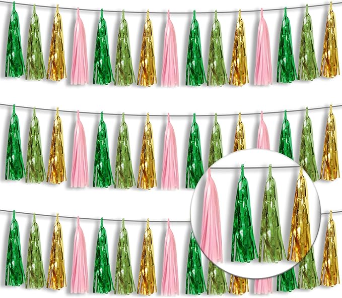 3P Metallic Fringe Tassel Banner Garland Foil Tinsel Streamer Wall Hanging Curtain Backdrop Banners for Parade Floats, Graduation Decorations, Woodland Party Decoration (Sage-Green Gold Pink)