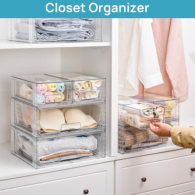 Vtopmart Clear Stackable Storage Drawers Set of 6, Easily Assemble Acrylic Bathroom Undersink Organizers, Plastic Storage Bins for Closet, Cabinet, Pantry, Medicine Organization