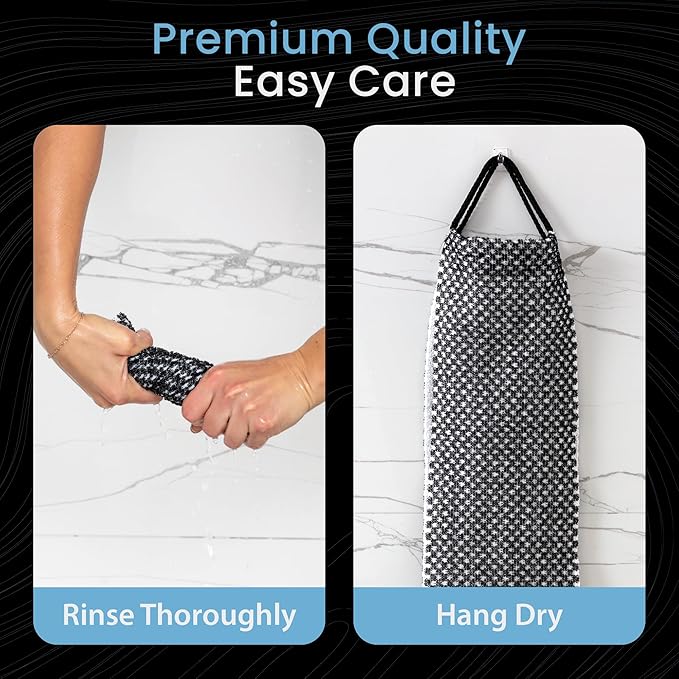 Japanese Exfoliating Washcloth for Back & Body 2-Pack - Charcoal & Silver Ion Exfoliating Towel with Handles - Two-Sided Gentle Exfoliation & Deep Cleanse Body Wash Cloths for Shower - 2 White