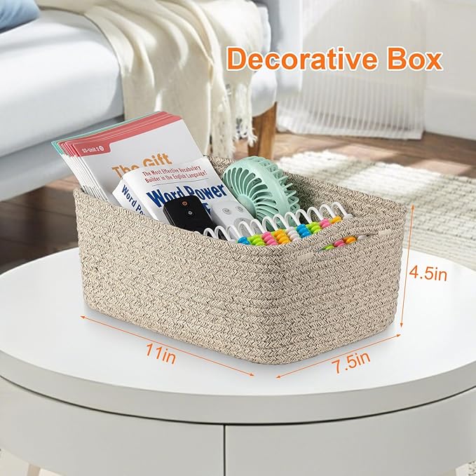 Ordn2Ordn Small Storage Baskets for Organizing, Woven Storage Bins for Shelves, Empty Gift Basket, Cute Decorative Closet Organizer, Baby Rope Basket, Dog Toy Storage, 11x7.5x4.5”, 3-Pack Mixed Brown