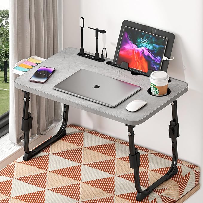 Laptop Desk for Bed Height Adjustable, Lap Bed Table with USB/Storage Drawer/Cup Holder/Tablet Stand/Book Shelf, Foldable Breakfast Tray Portable for Reading Writing, Sofa & Floor, Light Stone Texture