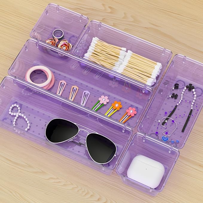 WOWBOX 9 Pack Clear Drawer Organizer Set, Acrylic Drawer Storage Trays, Storage Bins for Makeup, Cosmetics, Jewelry, Utensils, Gadgets, Office, Purple