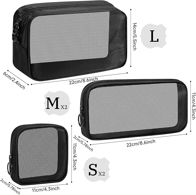 5 Pieces Mini Zipper Nylon Mesh Pouch, Mesh Cosmetic Bags Makeup Bags, Multipurpose Travel Toiletry Bags for Office Supplies and Travel Accessories (Grey, Assorted Sizes)