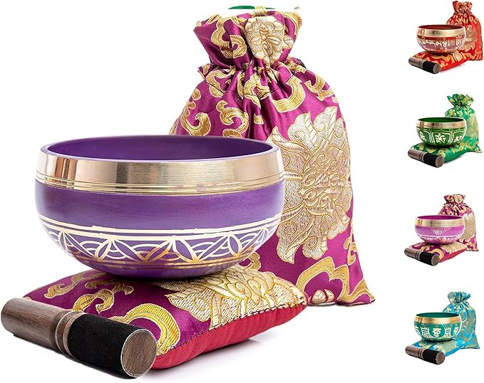 Tibetan Singing Bowl Set - Authentic Handcrafted Mindfulness Meditation Holistic Sound 7 Chakra Healing Gift by Himalayan Bazaar (Purple-Magenta)