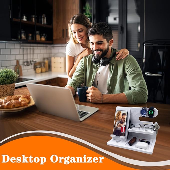 Gifts for Women Girlfriend Men Him Husband Boyfriend Son Boss Wood Phone Docking Station Nightstand Organizer Anniversary Birthday Gifts (White)