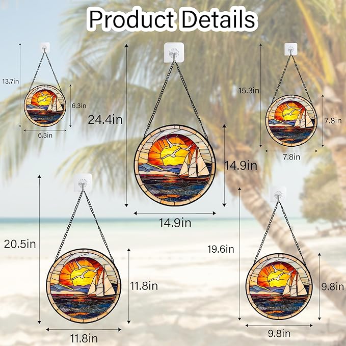 Stained Glass Window Hanging, Sun Ocean Sailboat Seagull Abstract Suncatcher Diamond Glass Panel Sun Catchers Decor for Birthday for Women, Men, Wife, Aunt, and Mom 14.9x14.9 in