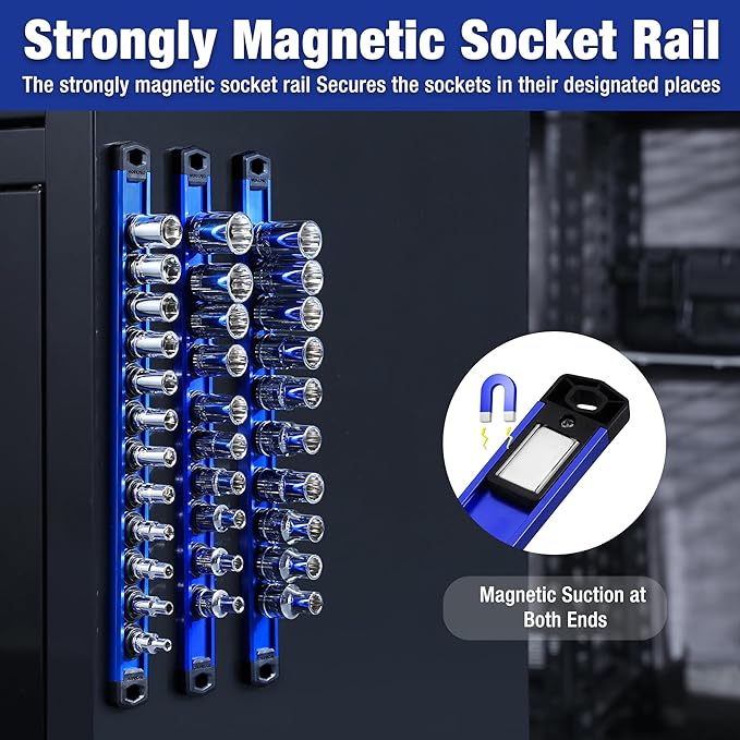 WORKPRO Magnetic Socket Organizer, 3/8-Inch Drive Aluminum Alloy Socket Rail, Heavy Duty Socket Holder, Socket Rack Kit 3/8-Inch x 10 Clips (Blue)