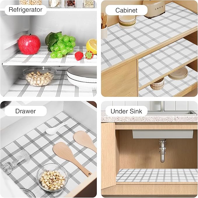Drawer and Shelf Liner for Kitchen Cabinet,Non-Adhesive Cabinet Liner 12in x 10FT,Waterproof Shelf Paper Non-Slip Mats Cupboard Liners Contact Protect Dresser/Shelves/Table-White Stripes