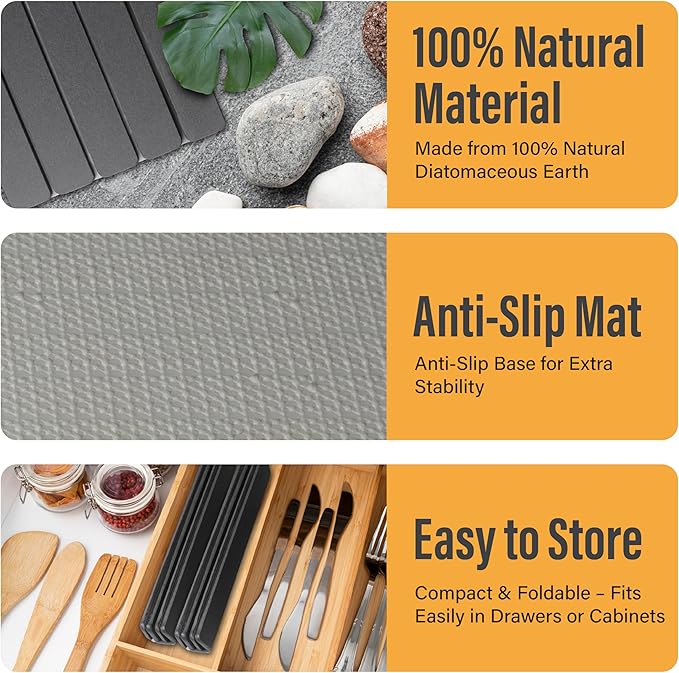 Large Foldable Stone Dish Drying Mat - Diatomaceous Earth, 2 Pack (12"x16" Each) or 24"x16" Combined - Fast Dry, Anti-Slip Pad, Sanding Tool & Instruction Manual for Kitchen and Bathroom, Dark Gray