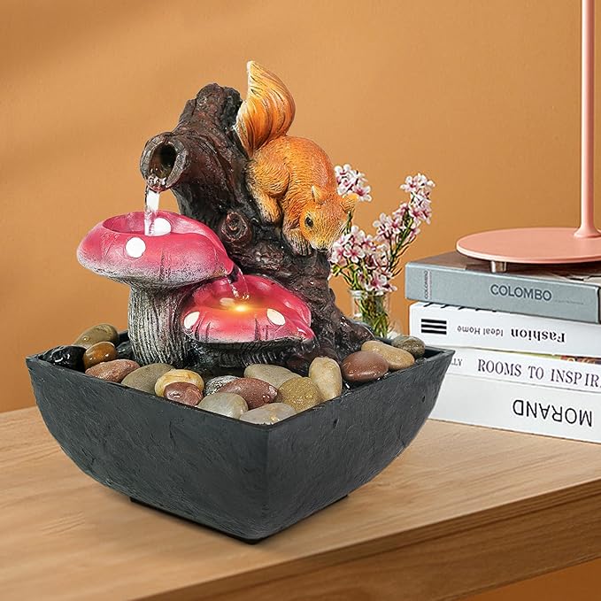 Ferrisland Tabletop Water Fountain Indoor - 3 Tiered Waterfall Fountain Indoor Desktop Water Feature with Light Squirrels Animal Sculpture Relaxation Fountains for Office Home Decor, Gift Idea