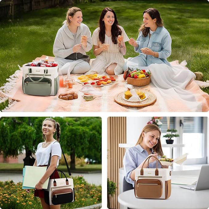 LOVEVOOK Insulated Lunch Bag Women,Wide Opening Adult Lunch Box Women with Cup Holder,Large Leakproof Cooler Bag for Work Picnic Beach Family College Mom,Lunch Teacher Breast Pump Diaper Tote Bag
