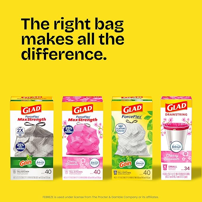 Glad ForceFlex Tall Kitchen Trash Bags, 13 Gal, Gain Original with Febreze, 110 Ct (Pack May Vary)