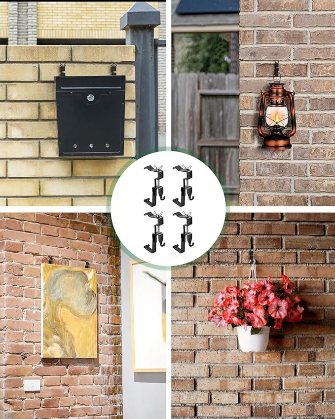 Brick Clips, Brick Hangers Hooks for Hanging Outdoors No Drill, 1.97-2.91 inches Adjustable Brick Wall Clips, Metal Brick Picture Hangers No Damage (Pack of 4, Black)