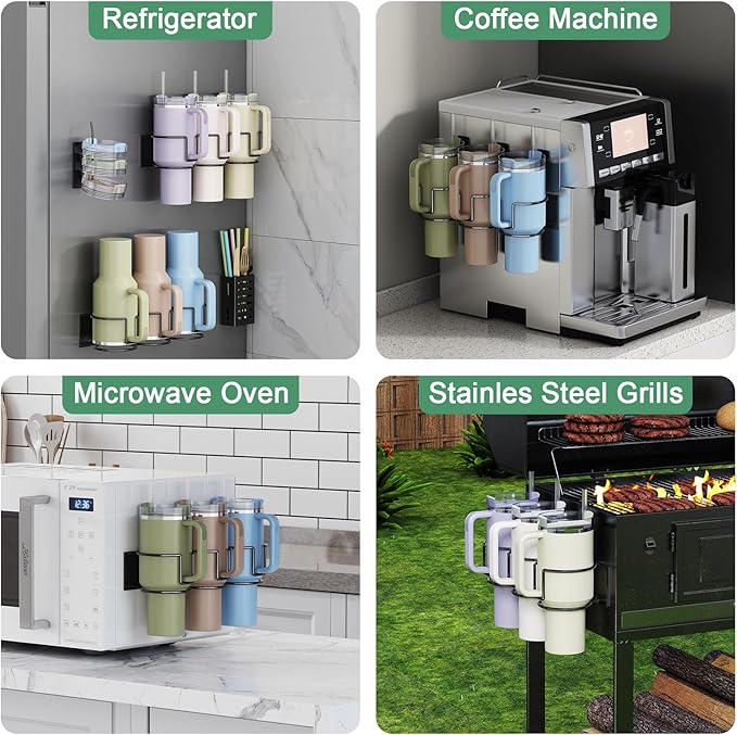 Magnetic Cup Holder for Fridge, Aufworld Tumbler Organizer with 8-Hook Rack, Fits 20/30/40 oz Stanley Cups, Accessory Storage with Lid & Straw Holder, Water Bottle Organizer for Kitchen Refrigerator