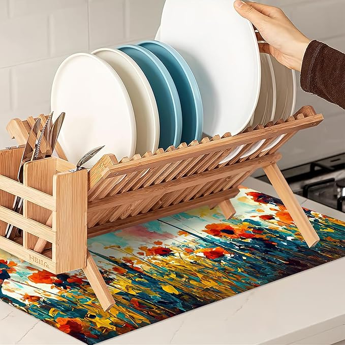 UIUPRO Colorful Flowers Dish Drying Rack Mat for Kitchen Counter, Watercolor Dish Drying Pad Absorbent Reversible Microfiber Protector for Coffee Bar Sink Countertops 18x24 Inch