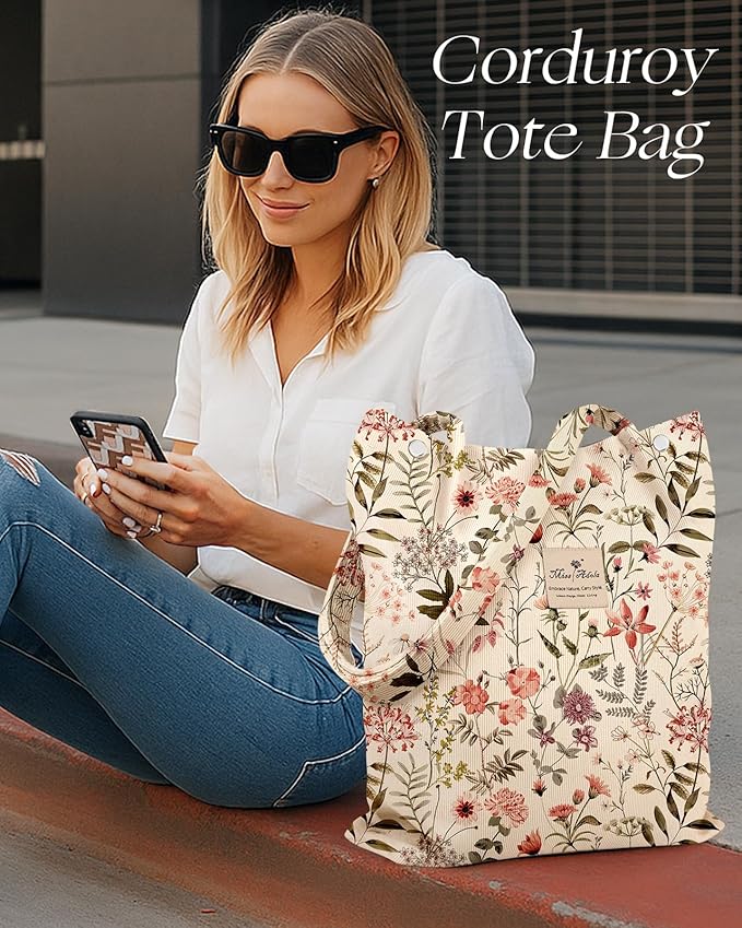 Miss Adola Corduroy Tote Bag for Women - Reusable Totes with Pocket & Buckle Cute Aesthetic Shoulder Bag for Work Travel