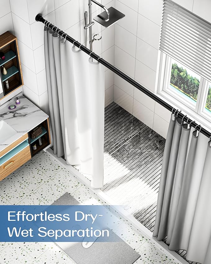 ALLZONE Adjustable Tension Curtain Rod, 42 to 78 Inches, Spring Loaded Curtain Rods No Drilling, Renter Friendly Tension Rod for Windows, Shower, Closet, No Drill, Non-Slip, Black