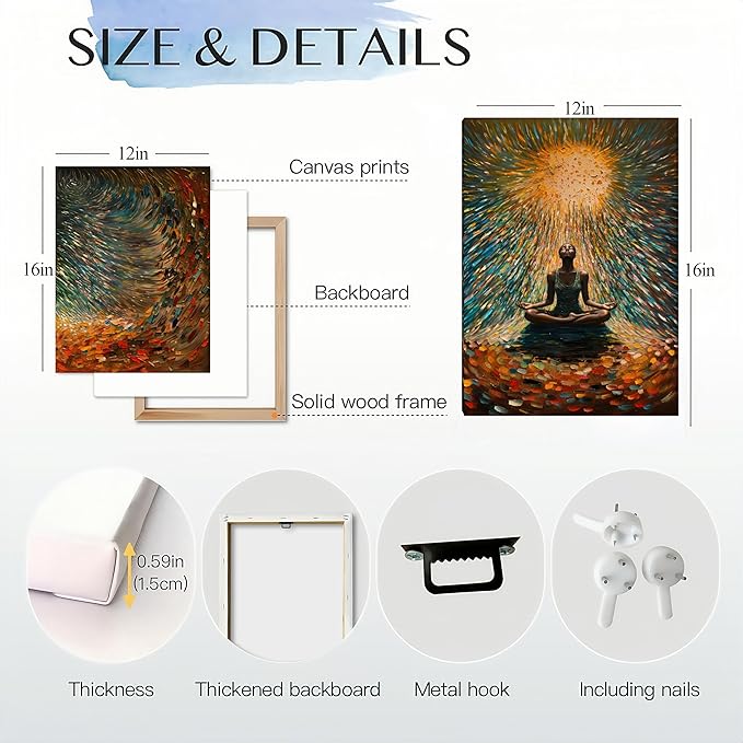 Framed Abstract Yoga&Meditation Wall Art Set of 3Piece Canvas Poster Prints Painting, Vibrant Colorful Energy Flow, Tranquil Woman in Meditation for Home, Yoga Meditation Room,Office,Bedroom,12X16in