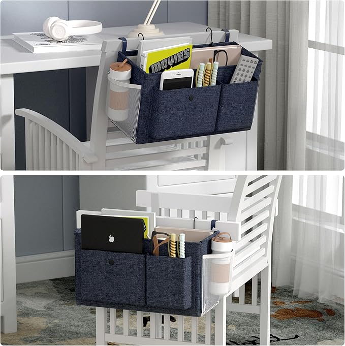 Bedside Caddy Bedside Organizer with Fixed Straps & Water Bottle Holder, Bunk Bed Caddy ideal for Home, Dorm, Hospital, Crib, Versatile Bedside Storage Solution (Navy 2pcs)