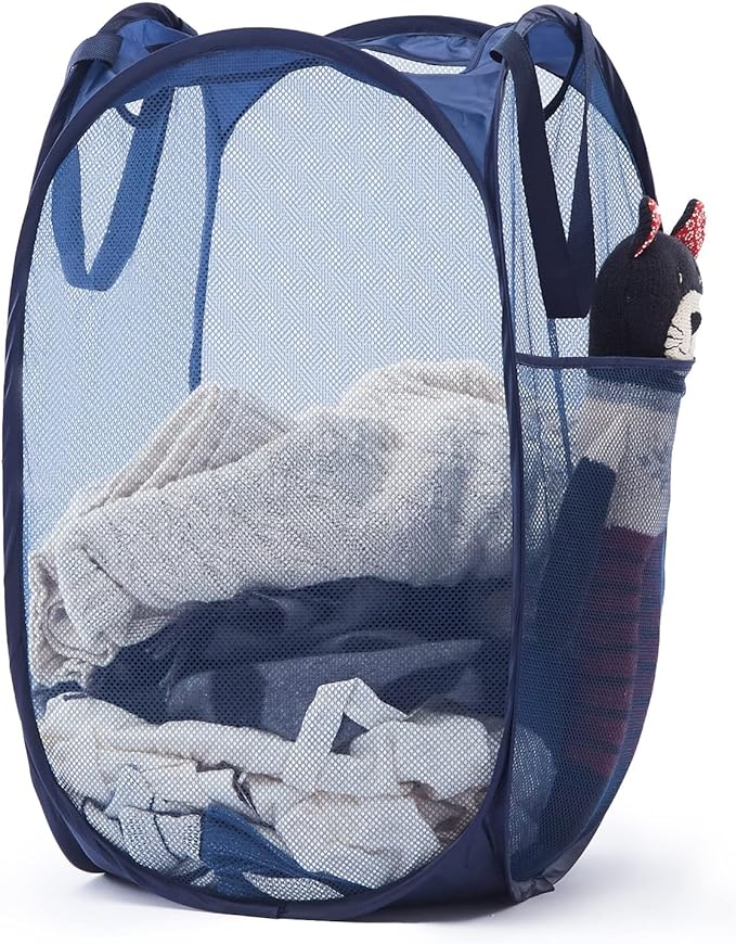 TECHMILLY Upgraded 105L Collapsible Mesh Pop Up Laundry Hamper with Sturdy Handles and Side Pocket - Portable Foldable Clothes Baskets for Dorm, Bathroom & Travel Storage (Blue Plus)