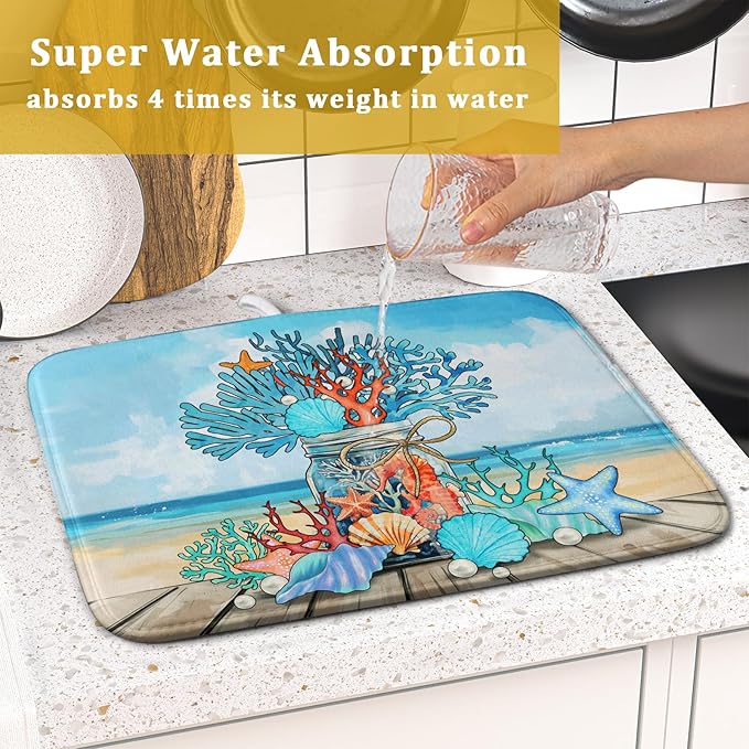 Coastal Coral Dish Drying Mat 16x18 inch Starfish Shell Fast Dry Microfiber Dish Rack Mats Drainer Pad for Countertop Kitchen Table Decor