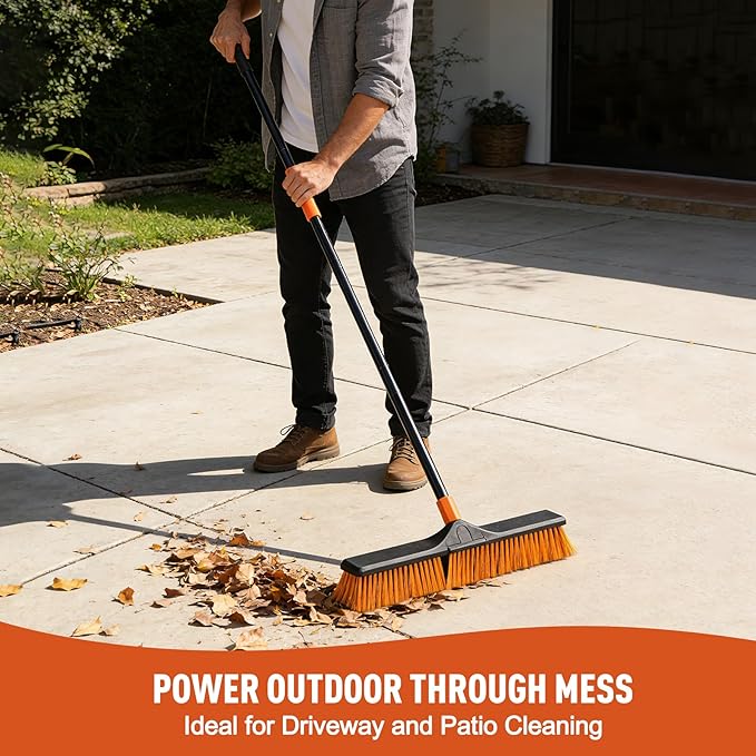 CLEANHOME 24”Push Broom Brush for Floor Cleaning with 65” Long Handle and Stiff Bristles, Heavy Duty Brush for Shop, Deck, Garage, Concrete,Indoor and Outdoor Broom,Orange