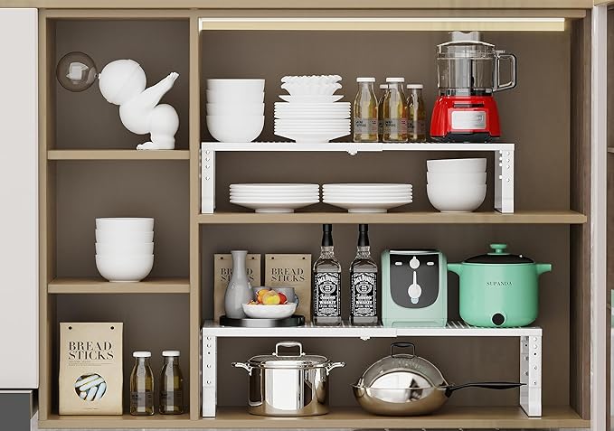 Jojocross Expandable Adjustable Stackable Kitchen Organizer, Spice Rack,Metal Pantry Storage Shelves Racks,Counter Shelf for Cabinets, Countertop, Cupboard (1 Pack/Large/White)