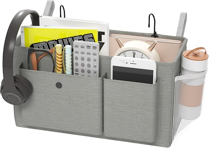 Bedside Caddy Bedside Organizer with Fixed Straps & Water Bottle Holder, Bunk Bed Caddy ideal for Home, Dorm, Hospital, Crib, Versatile Bedside Storage Solution (Grey)