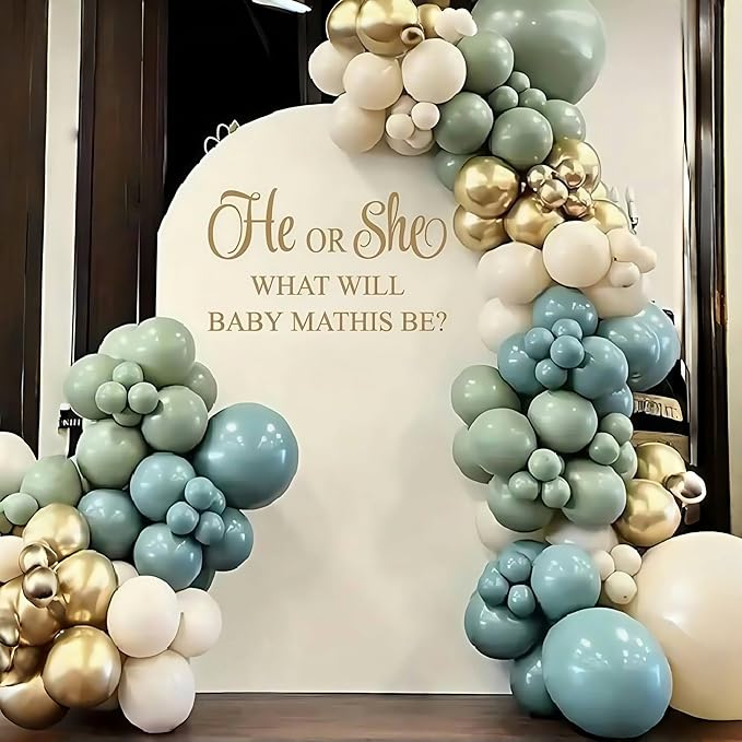 Dusty Sage Green Blue Gold Balloon Garland Kit, 107 PCS Pastel Olive Green Slate Blue Beige Metallic Gold Balloon Arch Kit for Women Men Boho Birthday Wedding Baby Bridal Shower Party Decorations