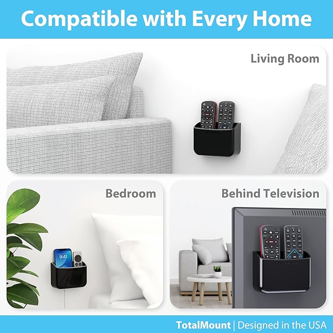 TotalMount Universal Remote Control Holder – Attaches to Wall or Back of TV – Compatible with All TV Remotes (Premium Black, Large)