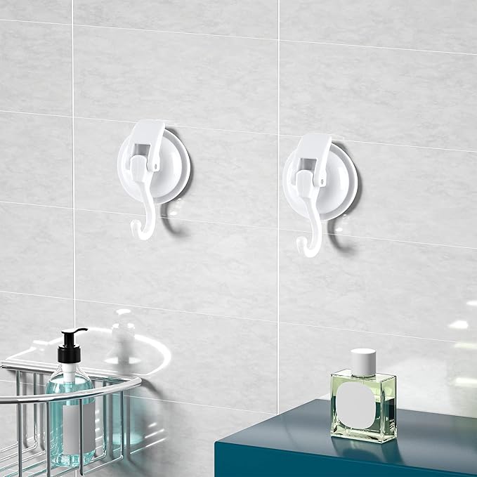 Heavy Duty Vacuum Suction Cup Hooks, White Plated Polished Super Suction for Kitchen Bathroom, 2 Pack