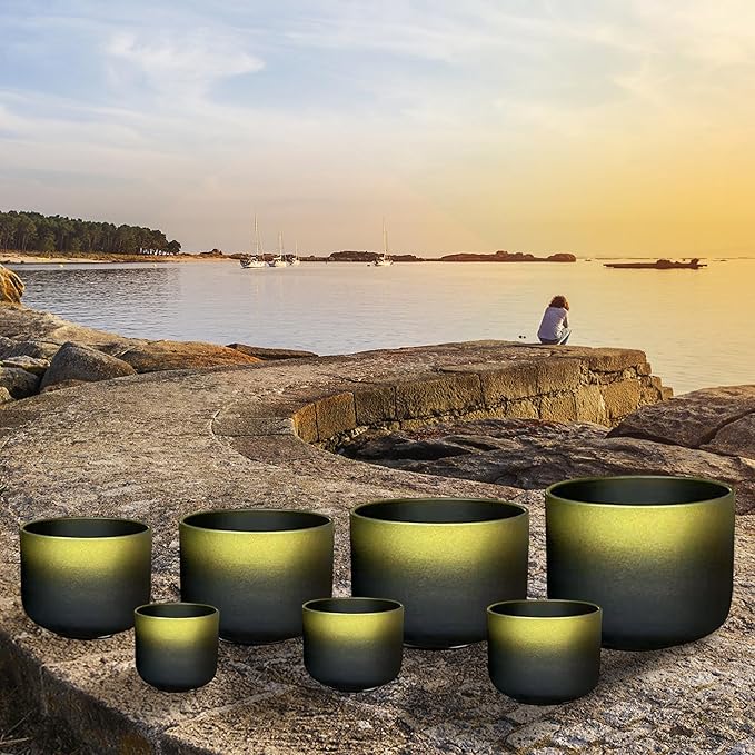 Ryan Dvan Crystal Singing Bowl Set 7-12 Inch, Black with Gold Frosted Quartz Sound Therapy Bowls with Mallets, O-Rings & 2 Carrying Cases — Chakra Healing, Reiki, Yoga, Meditation, Energy Balancing