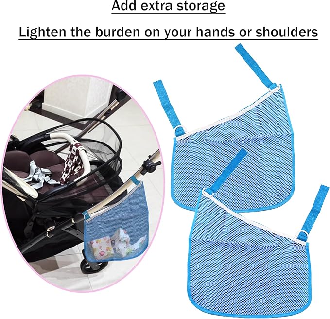 2PCS Universal Side Sling Stroller Cargo Net, Portable Storage Mesh Bag, Stroller Storage Organizer Bag, Non-Slip and Adjustable Straps Side Sling Mesh Organizer (Blue)