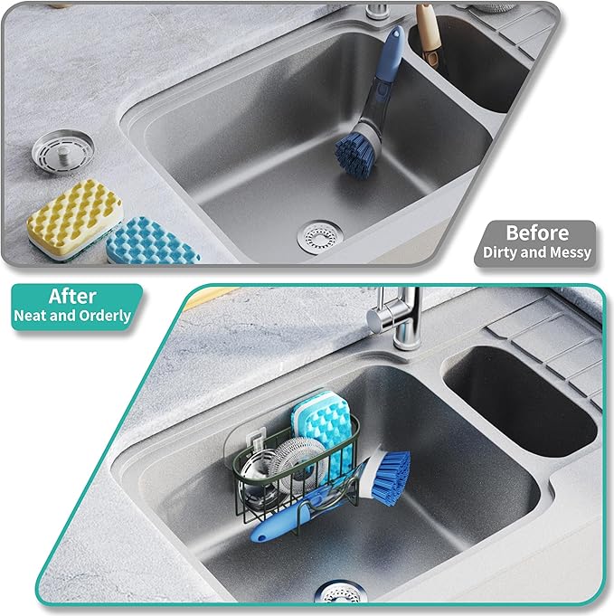 HapiRm Sponge Holder for Kitchen Sink - Sink Caddy with Unique M-Shaped Design, 2 Installation Methods Kitchen Organizer, Rustproof Stainless Steel Sponge Caddy - Green
