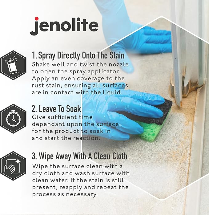 JENOLITE Rust Stain Remover 500 ml (16.9 fl oz) for Patios, Sinks, Toilets, Walls & Sidings. Fast-Acting Spray-On Cleaner & Wipe-Off Solution for Metal, Concrete & Tile. Made in Britain.