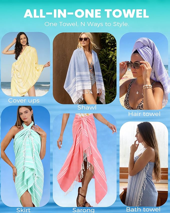 4 Packs Turkish Beach Towels Vacation Essentials Oversized Bath Pool Swim Towel Set Bulk Quick Dry Sand Free Extra Large Xl Big Blanket Adult Travel Cruise Accessories Must Have Clearance Stuff