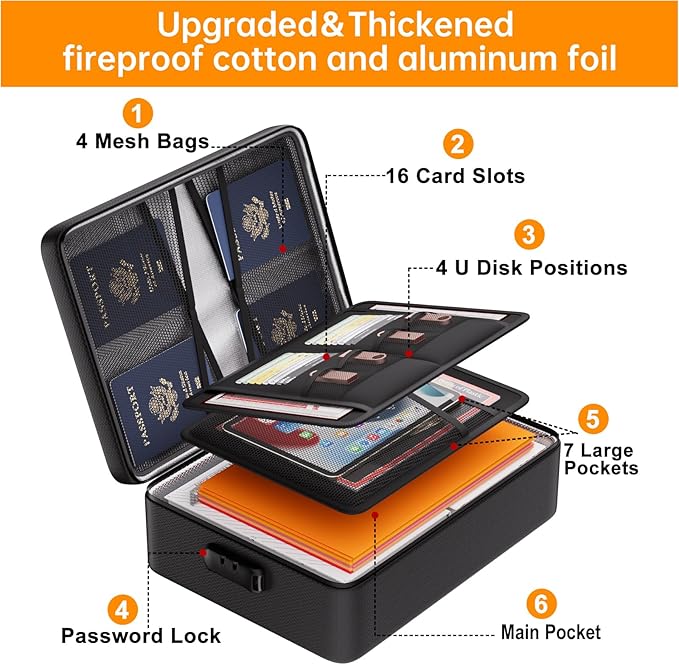 DocSafe 5200°F Document Organizer with Lock, Upgraded Heat Insulated Fireproof&Water-Resistant Box 8 Layers File Organizer, Portable Home Travel Safe Storage for Important Documents and More