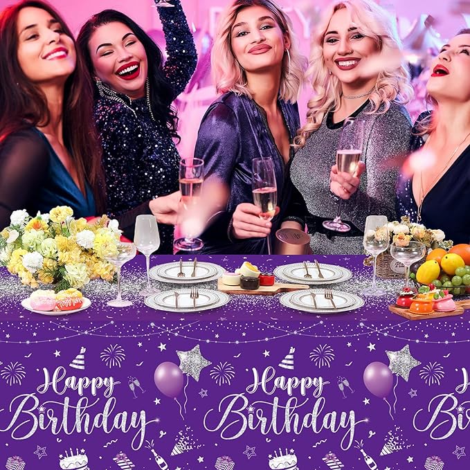 Tudomro 3 Pcs Happy Birthday Tablecloths Happy Birthday Party Decorations Plastic Table Cover Rectangular Cloths for Women Men Baby Shower Party Supplies, 108 x 54 Inch (Purple Silver)