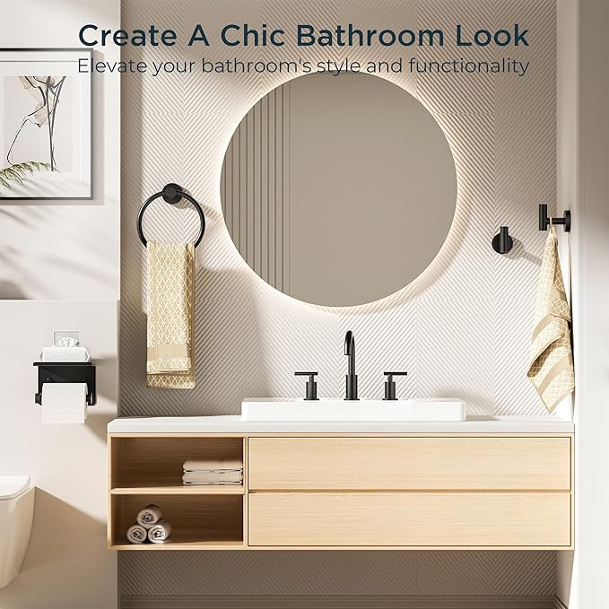 FORIOUS Bathroom Hardware Accessories Set, SUS304 Stainless Steel Towel Bar Set, Modern Towel Racks Holder for Bathroom, Toilet Paper Holder Wall Mounted 5 Pieces (24" Bar, Matte Black)